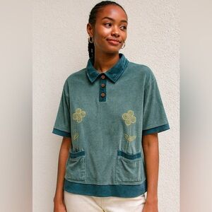 Urban Outfitters Teal Embroidered Top L Boho Cottagecore Retro Revival